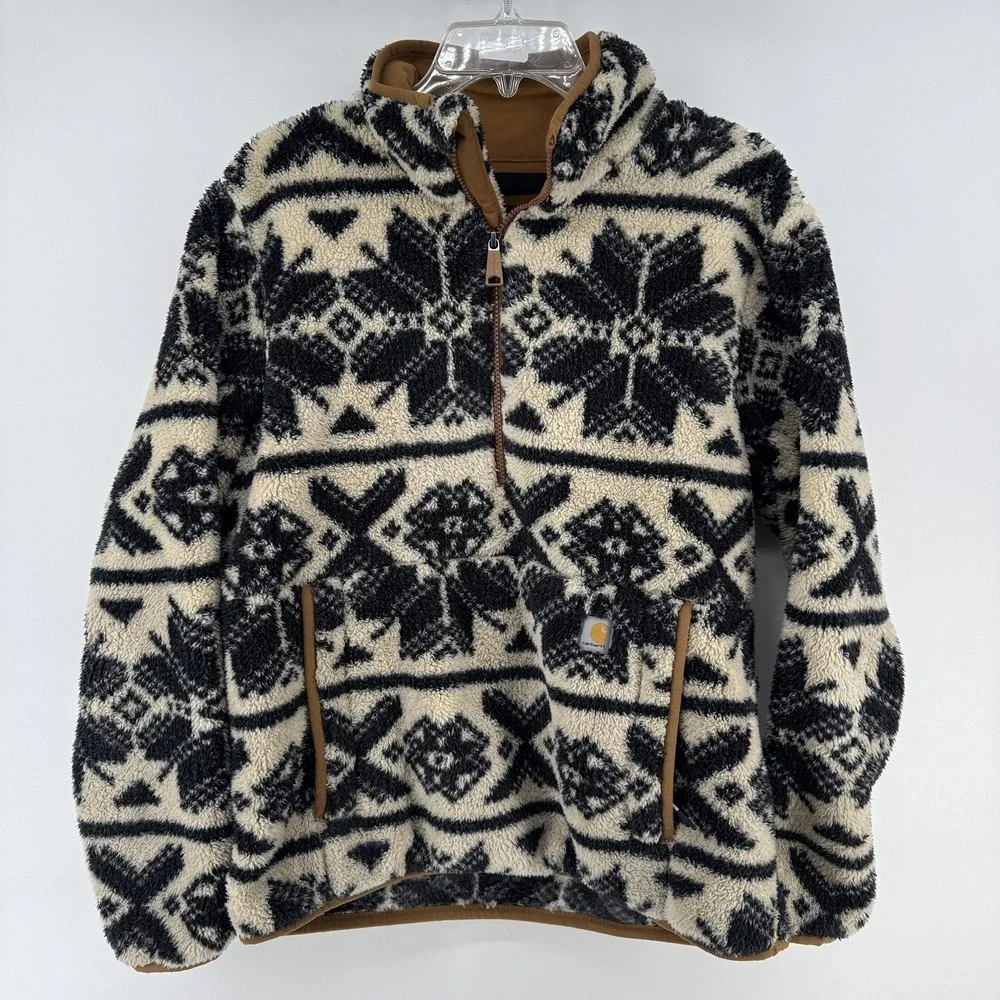 Carhartt Jacket Womens Small White Sherpa Fleece 1/2 Zip Fair Isle Pullover - Picture 1 of 11